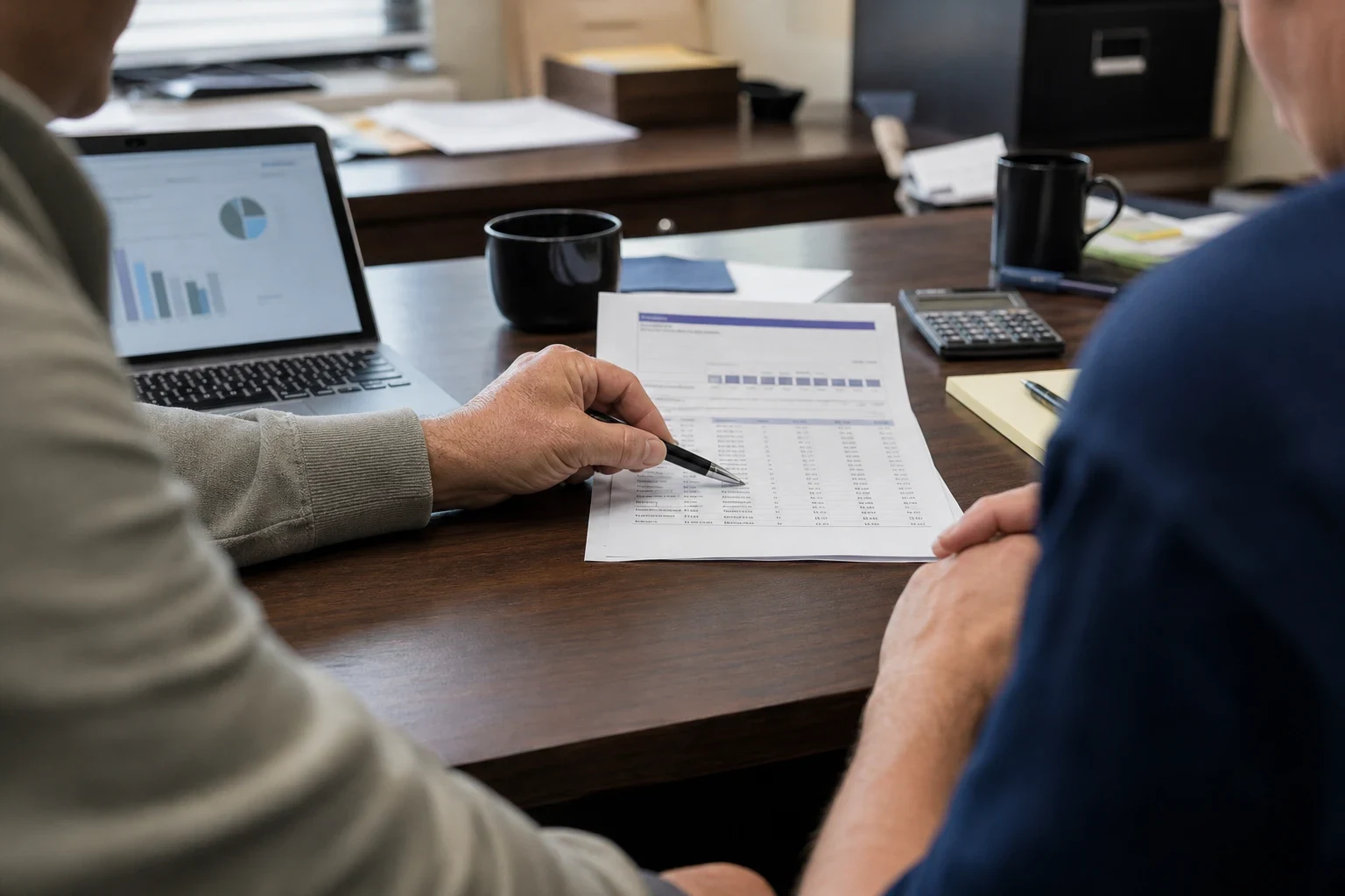 Two people at a wooden office desk reviewing a printed statement, one pointing with a pen, with a laptop, calculator, notepad and coffee mugs nearby