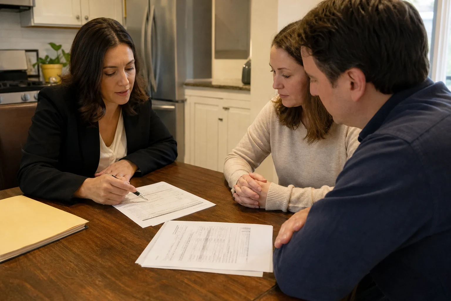 Insurance agent in a dark blazer points with a pen to a form on a wooden kitchen table while a couple sits across from her reviewing the paperwork