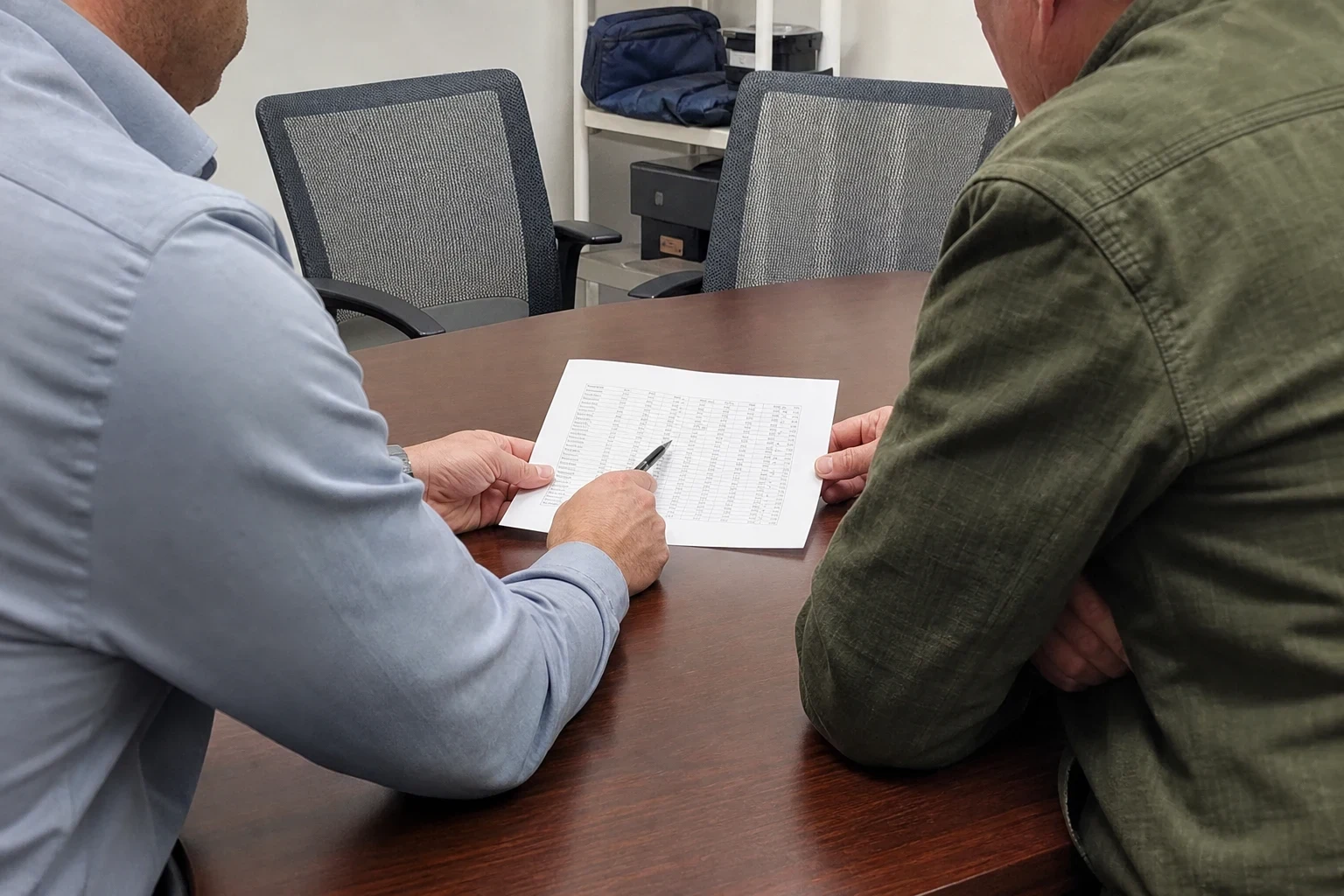 Two men seen from behind at a dark wood conference table, one pointing a pen at a printed table of figures while the other holds the page's edge
